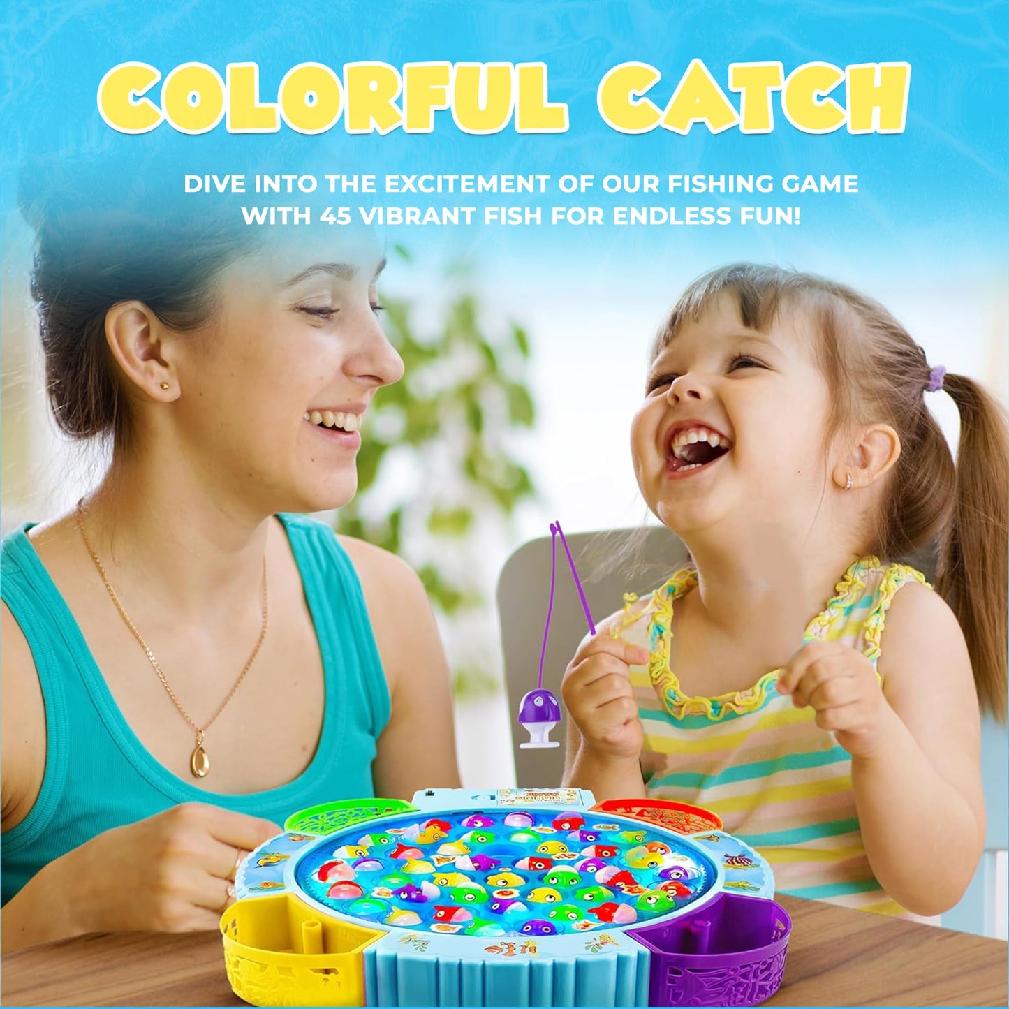 IPIDIPI TOYS Fishing Game for Kids - Light Up Magnetic Board with Music, 45 Fish, 8 Poles, Multicolor