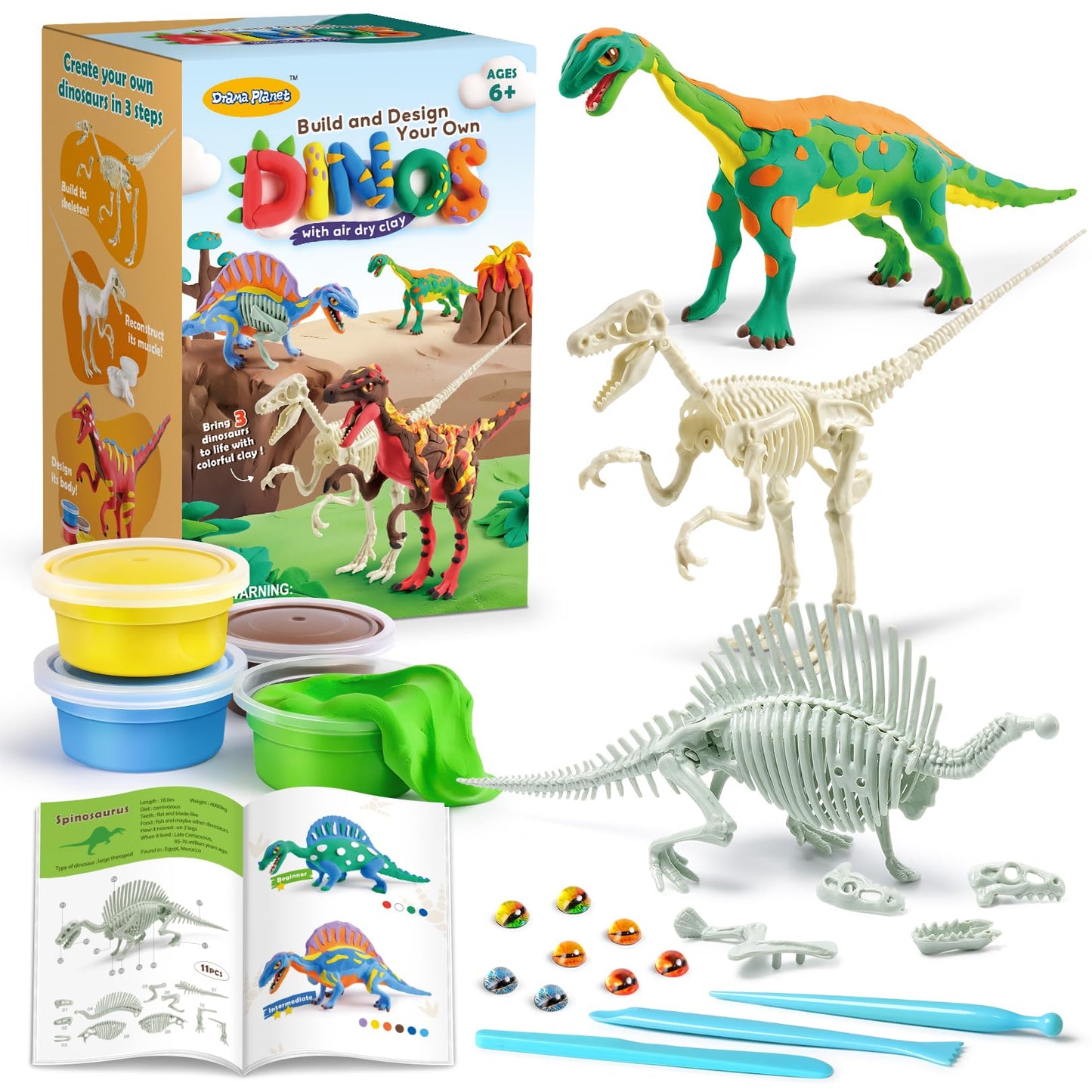 Drama Planet Air Dry Clay Dinosaur Craft Kit For Kids, Build And Design Your Own Dinosaurs With Modeling Clay, 3 Dinosaur Fossil