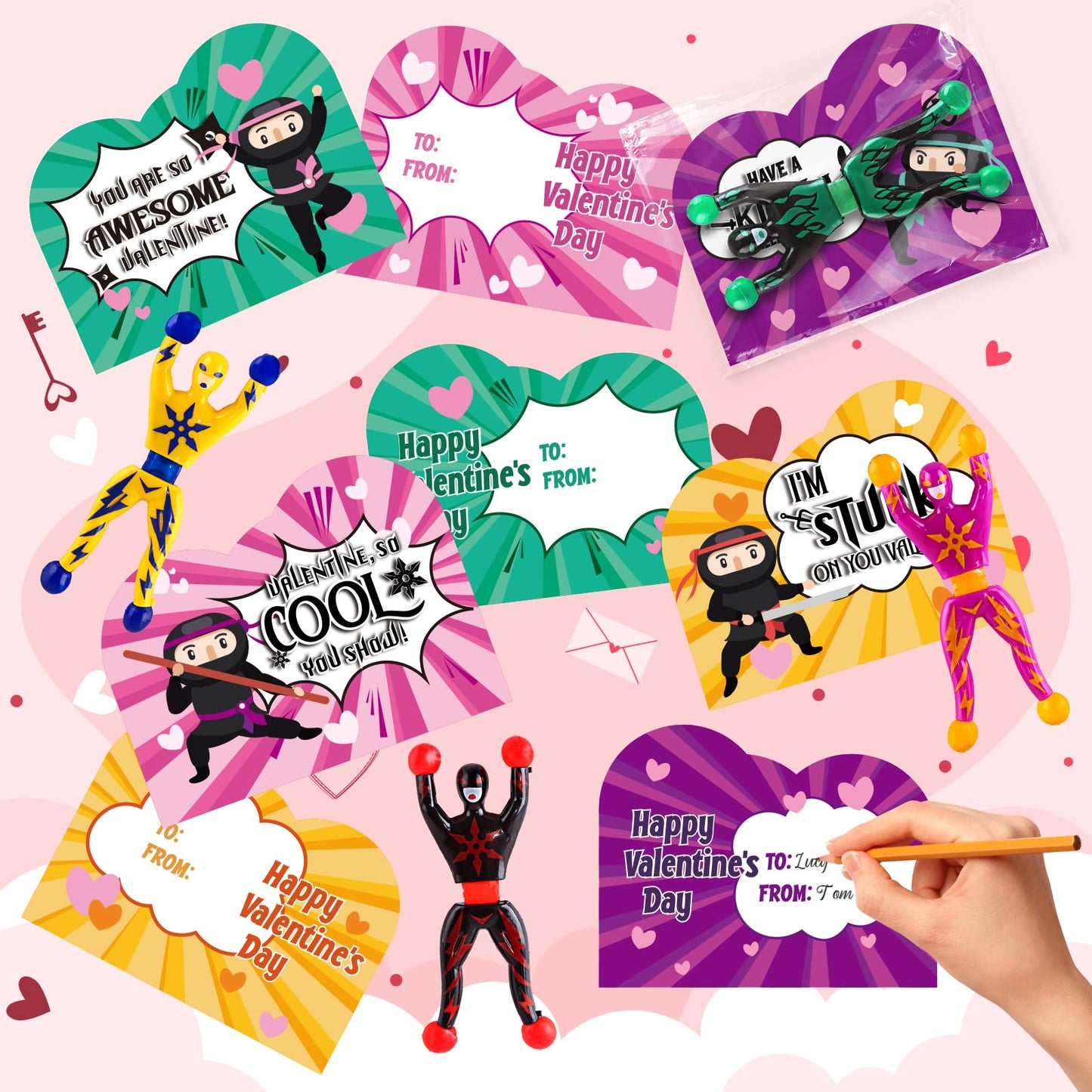 AuroTops Valentines Day Cards for Kids, 28 Pack Sticky Wall Climbing Men Ninja with Cute Valentines Cards, Wall Climbers Toys f