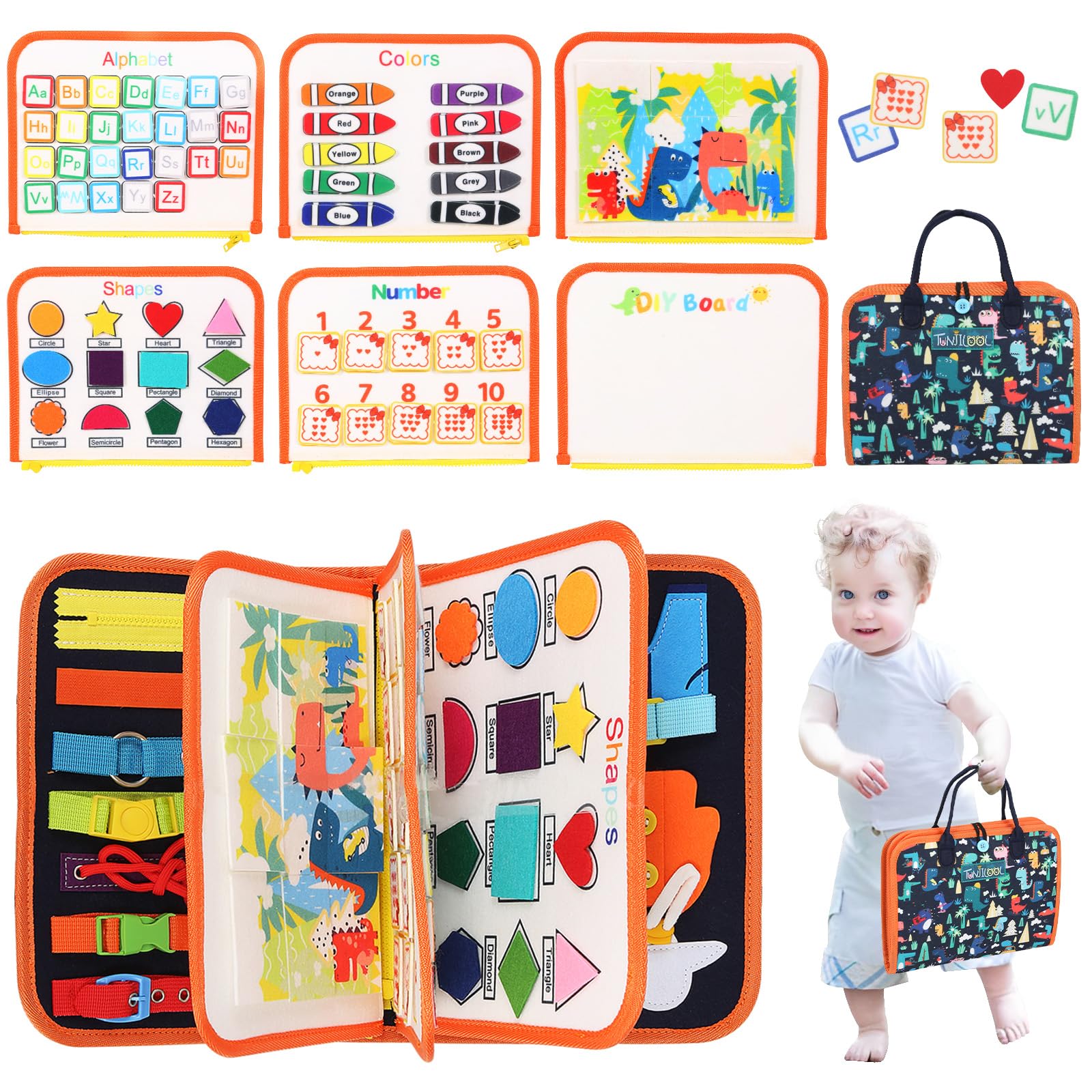 Tunjilool Montessori Busy Board For Toddlers - 8 In 1 Sensory Activity Board, Quiet Book & Educational Learning Toy For Boys & Girls 3+, Travel Sensory Board For Toddler Development(Dark Blue)