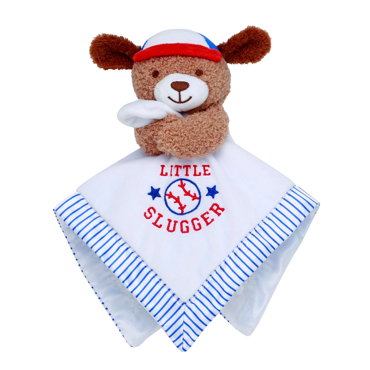 Baby Starters Plush 13 Inch Puppy Snuggle Buddy With Toy Rattle, Little Slugger Embroidery And Satin, White With Stripe Trim