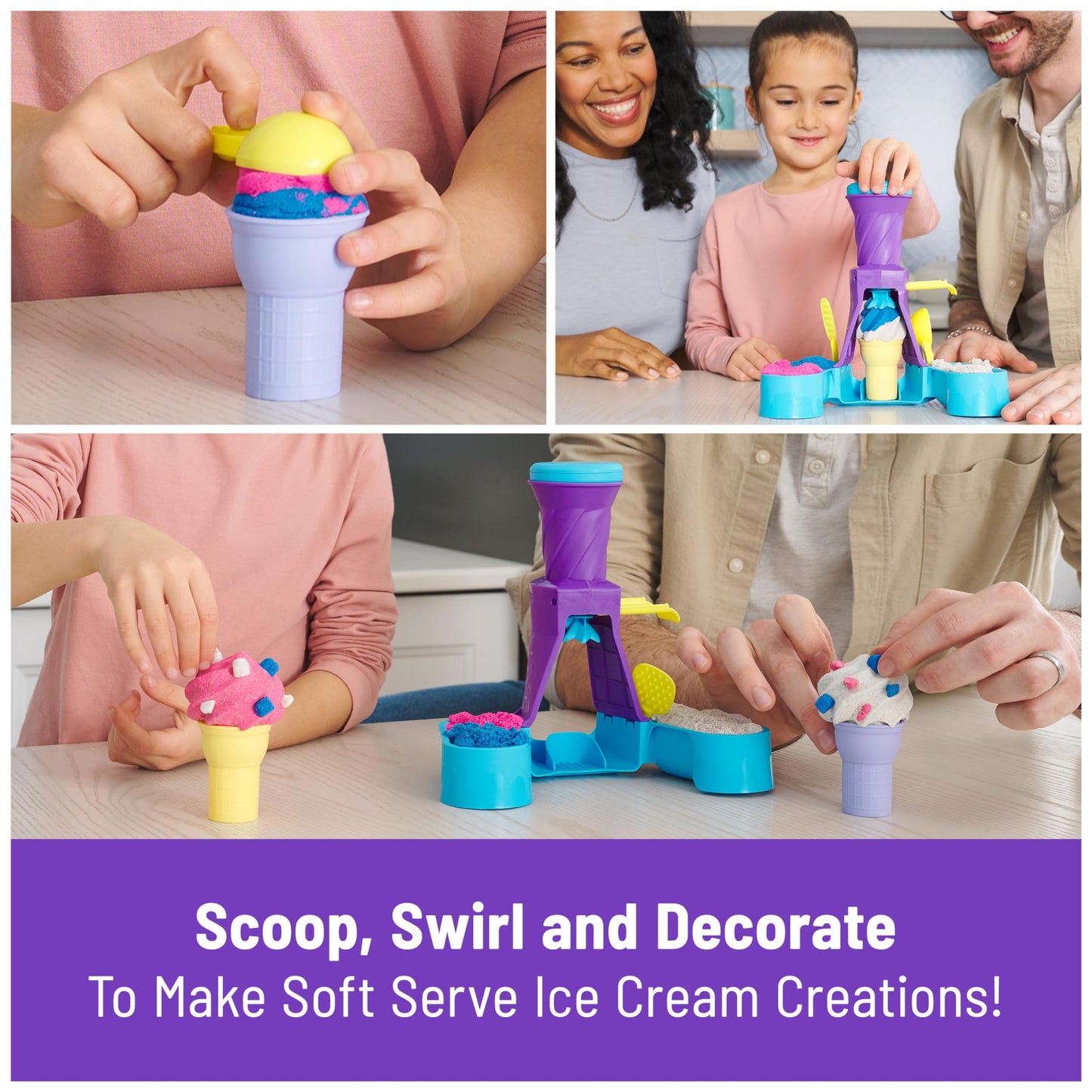 Kinetic Sand, Soft Serve Station with 14oz of Play Sand (Blue, Pink and White), 2 Ice Cream Cones and 2 Tools, Sensory Toys for