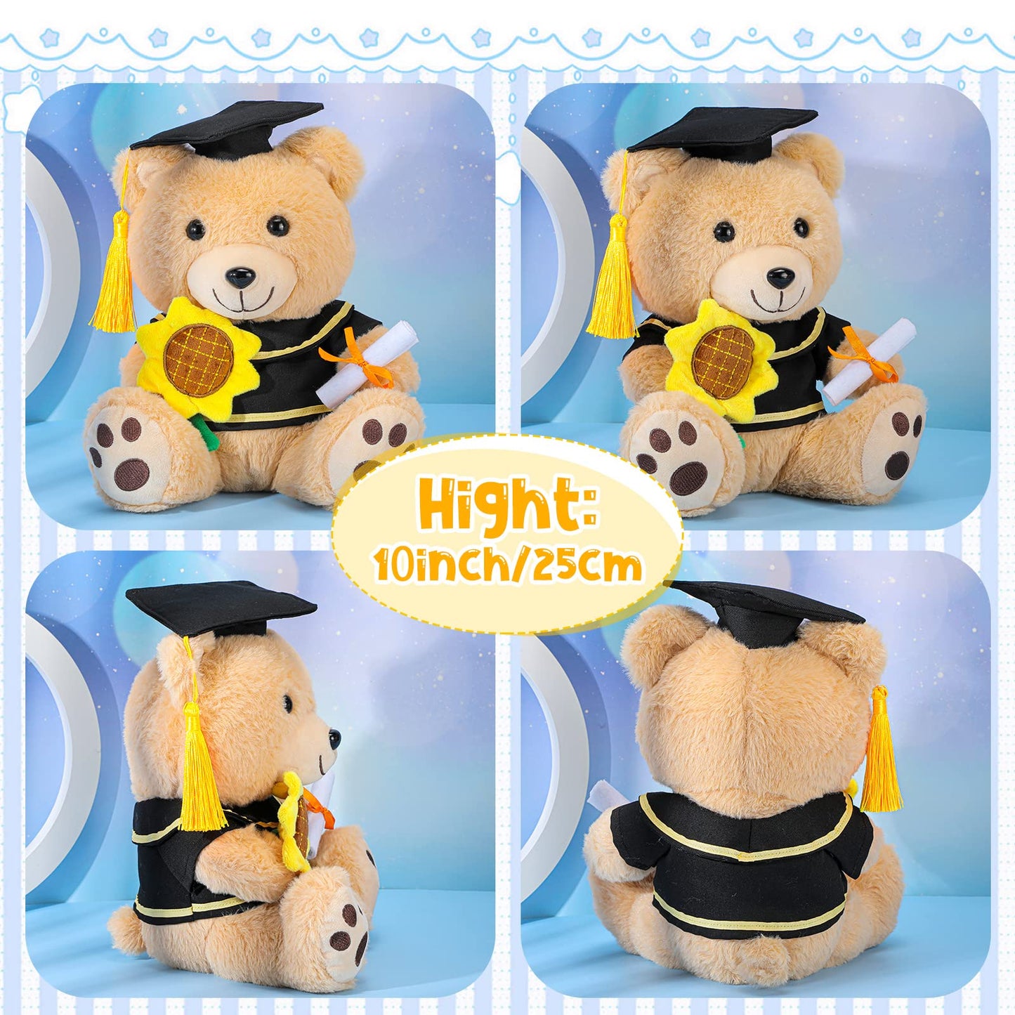 Chalyna 10 Inch Graduation Season Bear Plush Stuffed Animal Stuffed Animal Bear With Graduation Hat, Diploma And Sunflower, Graduation Preschool Kindergarten Gift For Friend, Relatives, Kids
