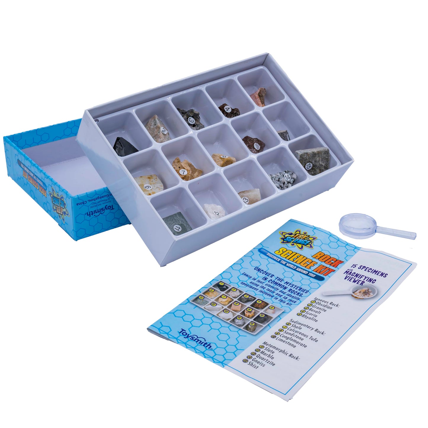 Toysmith Stem Rock & Mineral Science Kit For Kids - 30 Geology Specimens With Magnifying Viewer, Identification Guide & Testing