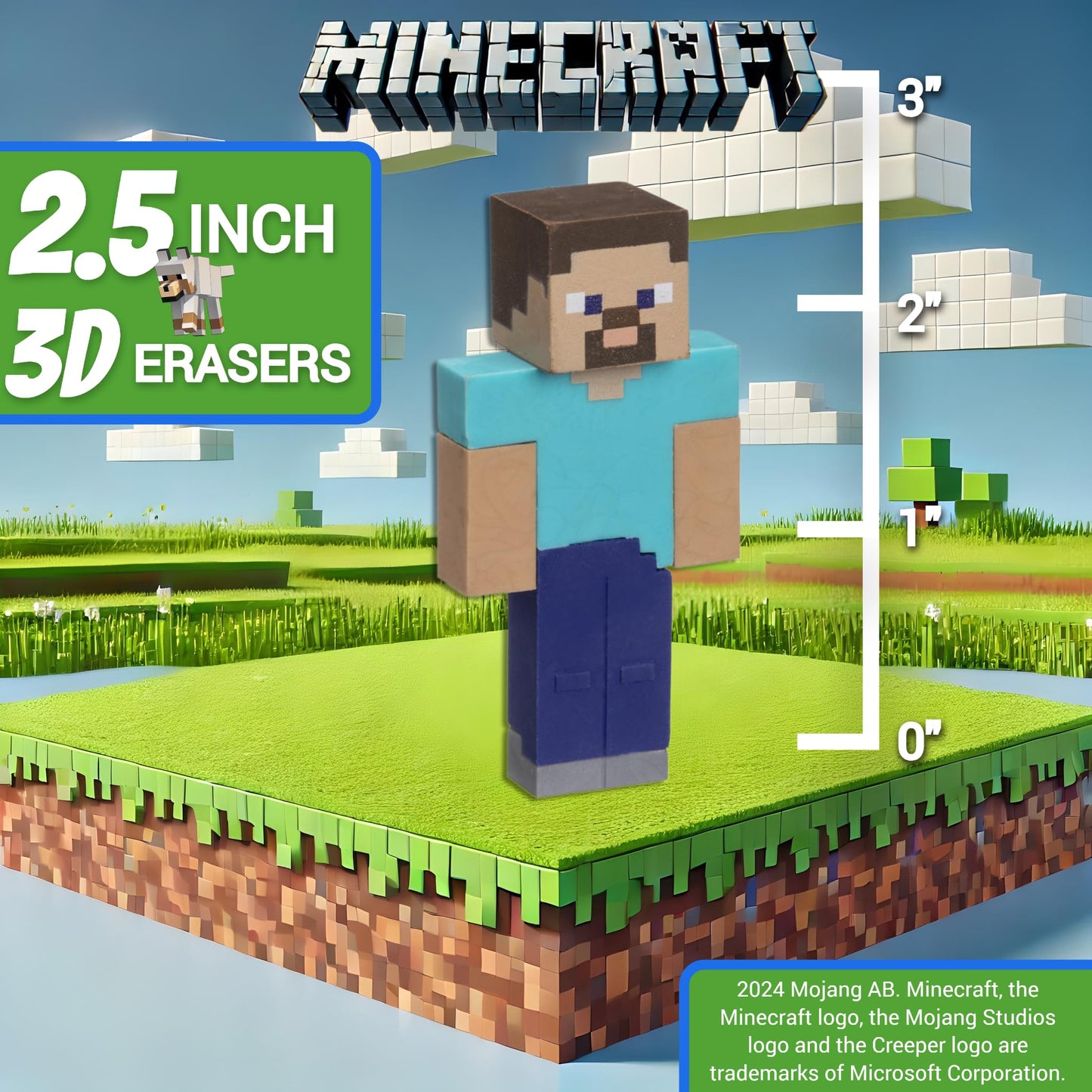 Mine Craft 3D Erasers, 6-Pack Deluxe Collector Set, 12 Iconic Characters to Collect, Own The Entire Series (Steve,Iron Golem,Vil