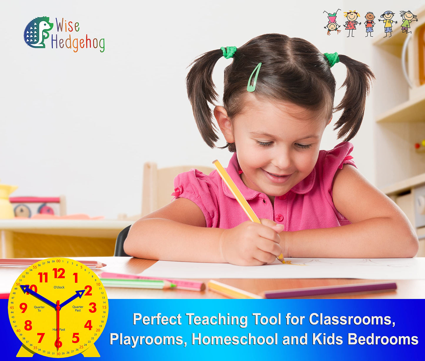 Wise Hedgehog Kids Telling Time Practice Learning Clock, 4 Inch Size Teaching Handheld Analog Clock, Geared Movement Makes Finge