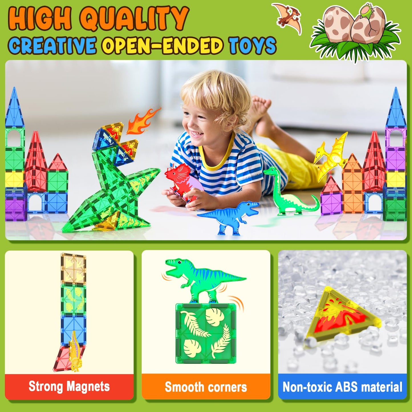 Dinosaur Toys Magnetic Tiles - Magnet Building Blocks For Toddler Kids Toys Stem Sensory Outdoor Toys For 3+ Year Old Boys And G