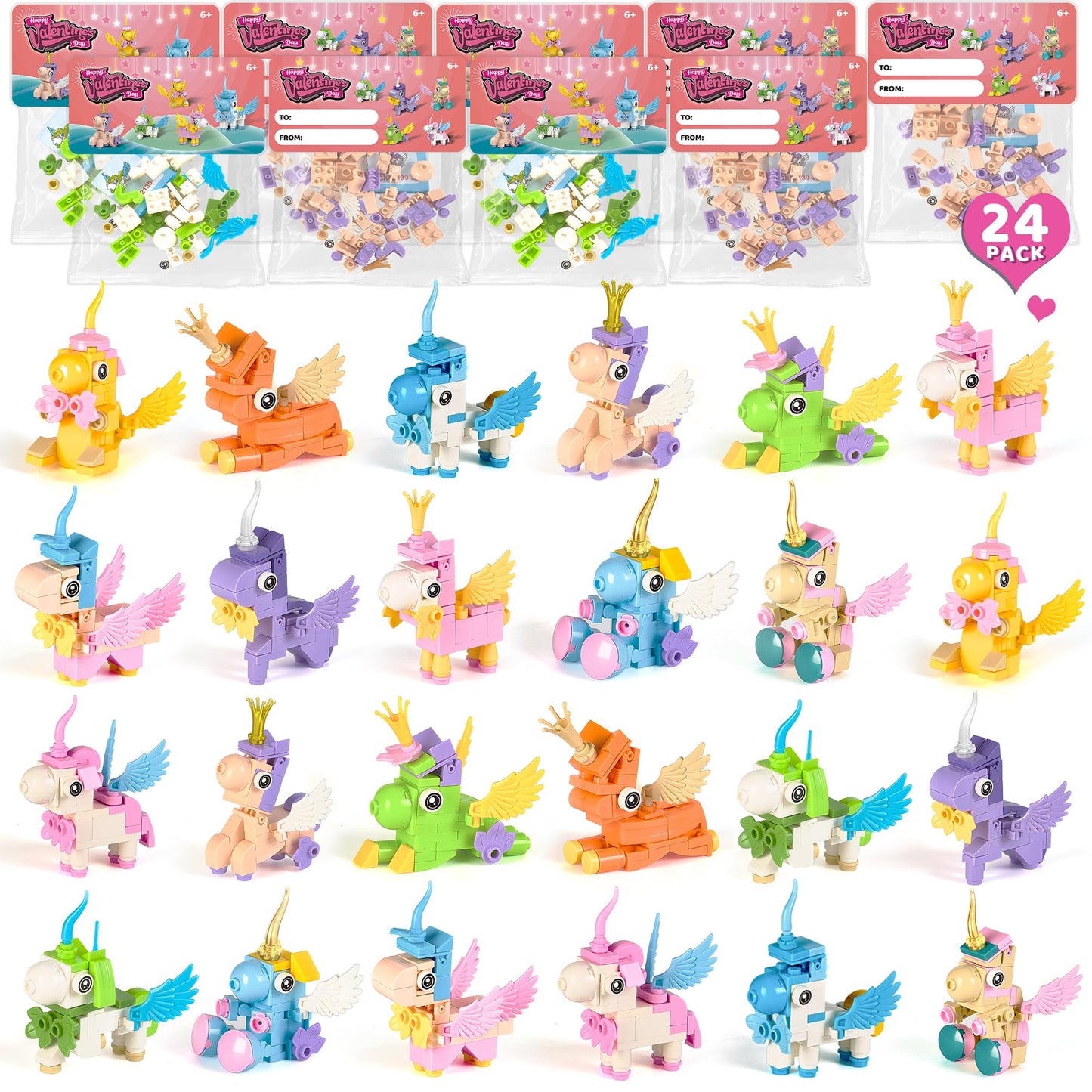 24 Pack Valentines Day Gifts for Kids - Unicorn Building Set & Cards - Valentines Party Favors for Classroom Exchange, STEM Scho