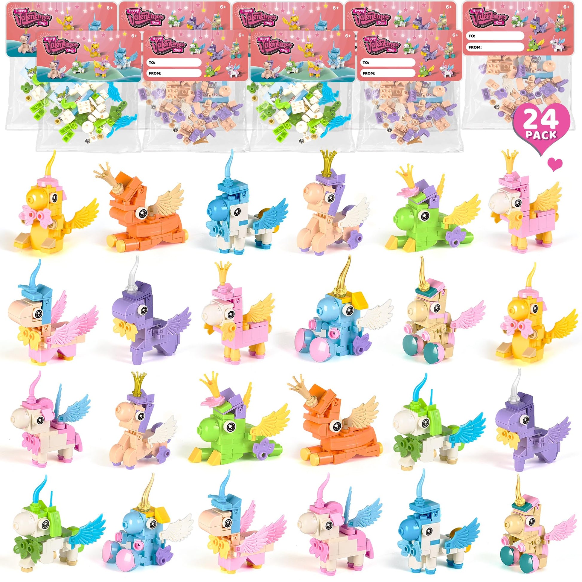 24 Pack Valentines Day Gifts for Kids - Unicorn Building Set & Cards - Valentines Party Favors for Classroom Exchange, STEM Scho