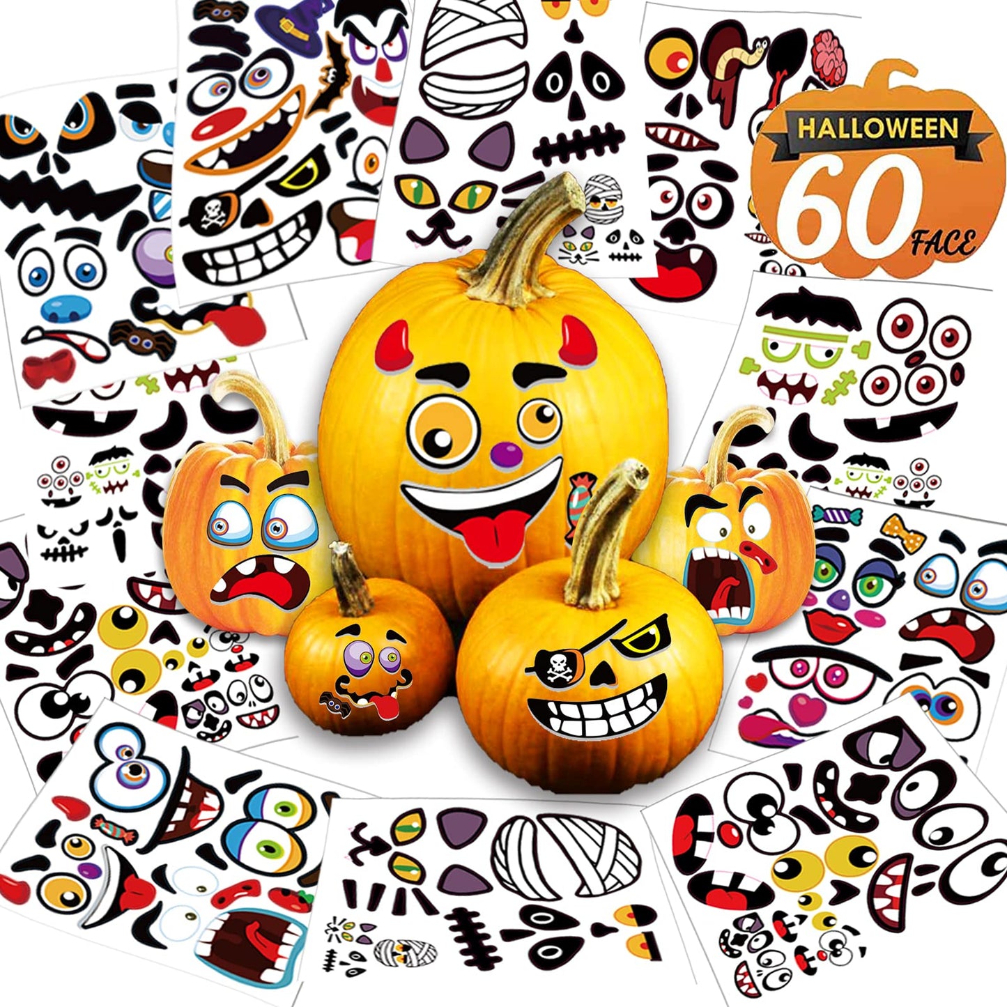 Oumuamua 60 Pack Halloween Pumpkin Decorating Stickers, 16 Sheets Cute Pumpkin Face Stickers In 30 Designs For Halloween Pumpkin Decorations Halloween Craft For Kids