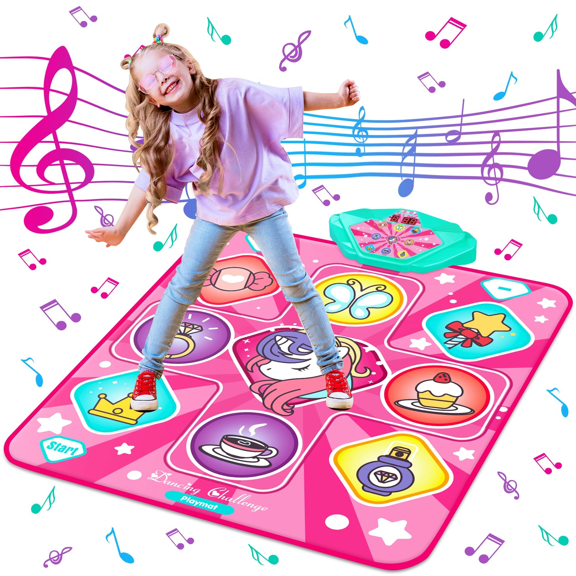 Kusntin Unicorn Dance Mat, Dance Mixer Rhythm Step Play Mat, Pink Dance Pad With Led Lights, Adjustable Volume, Built-In Music,