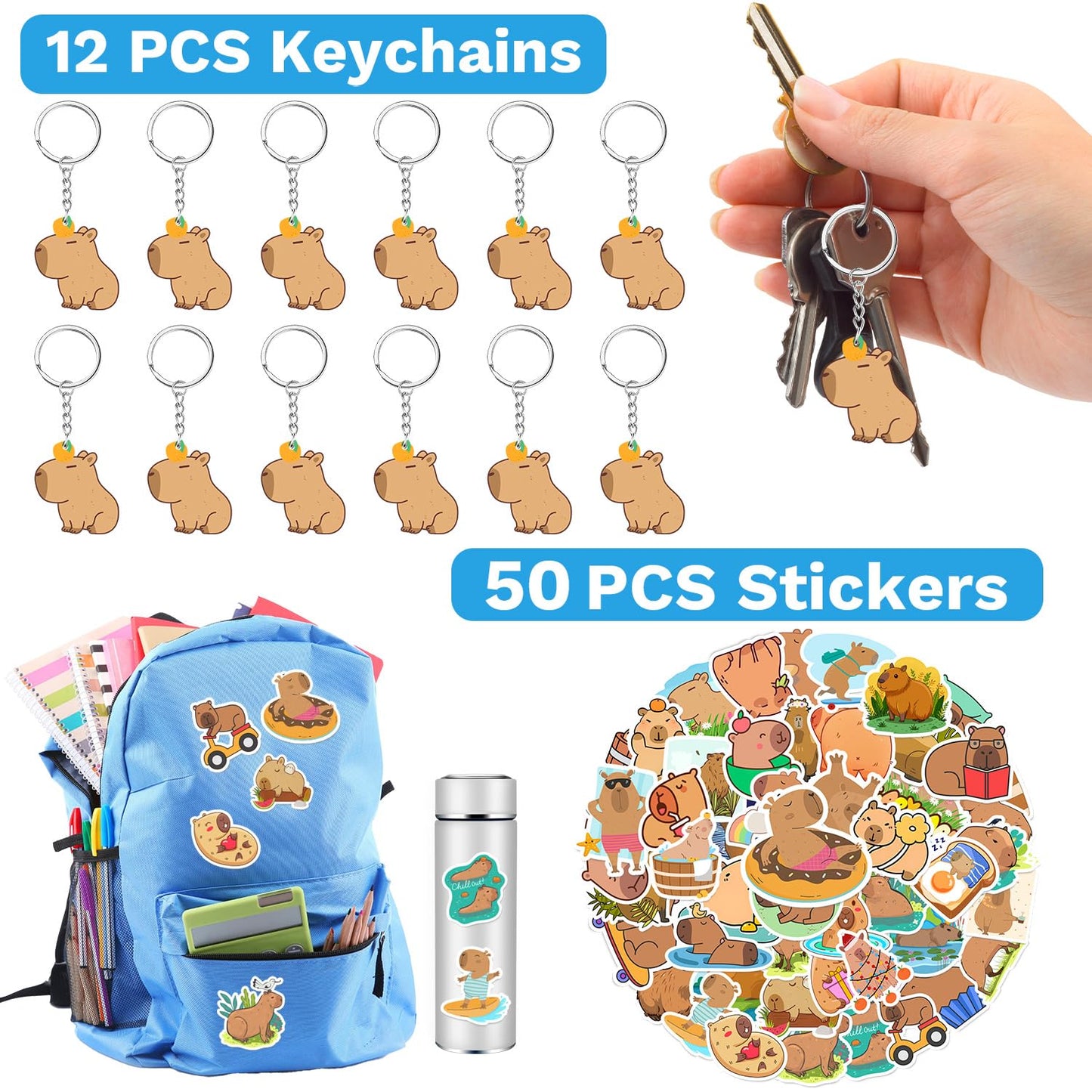 Lcnjscgo 98 PCS Capybara Party Favors, Capybara Temporary Tattoos, Slap Bracelets, Keychains, Stickers, and Badges for Kids Capy