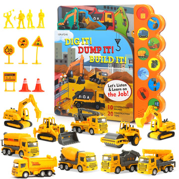 iGRATENS Construction Toys with Sound Books - Dig It! Dump It! Build It! Construction Board Book with 10 Buttons & 20 PCS Toys f