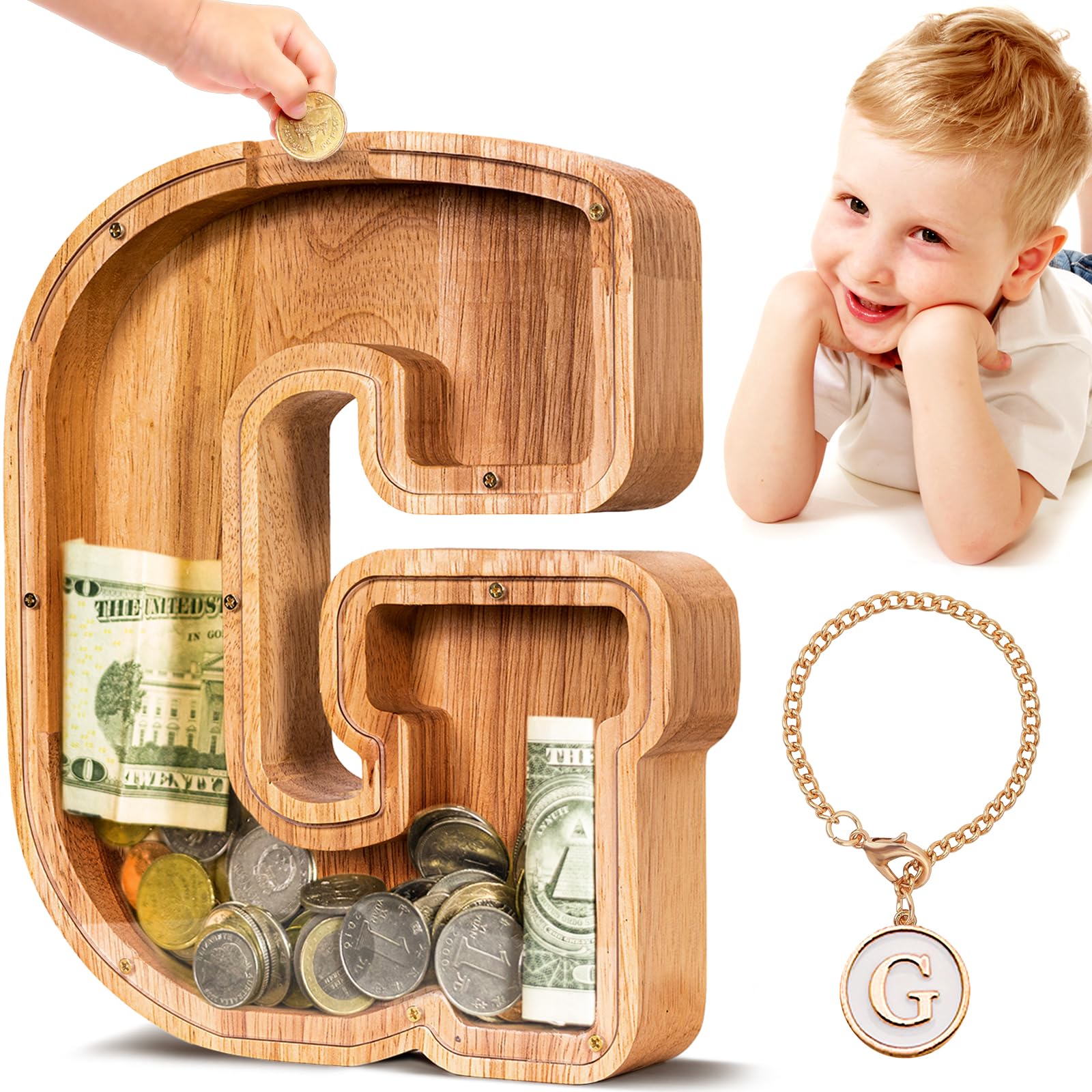 SummiDate Wooden Letter Piggy Bank| Piggy Bank for Boys Girls Toddler| Alphabet G Money Bank| Coin Bank Birthday Gift for Kids|Birthday Gift for Kids (G)