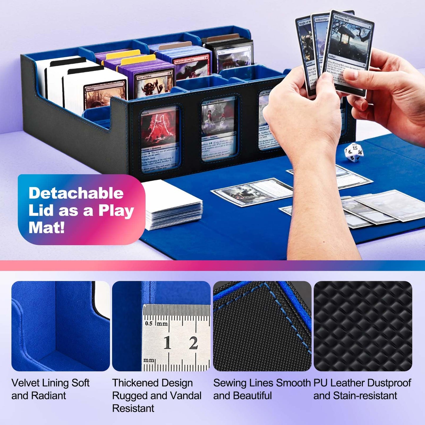 Uaono Trading Card Storage Box With Commander Display; 2400+ Deck Box For Mtg With Removable Cover; Toploader Card Case Fits Magic Tcg Ptcg Sports Cards; 24 Dividers, 4 Stoppers (Black, Blue)