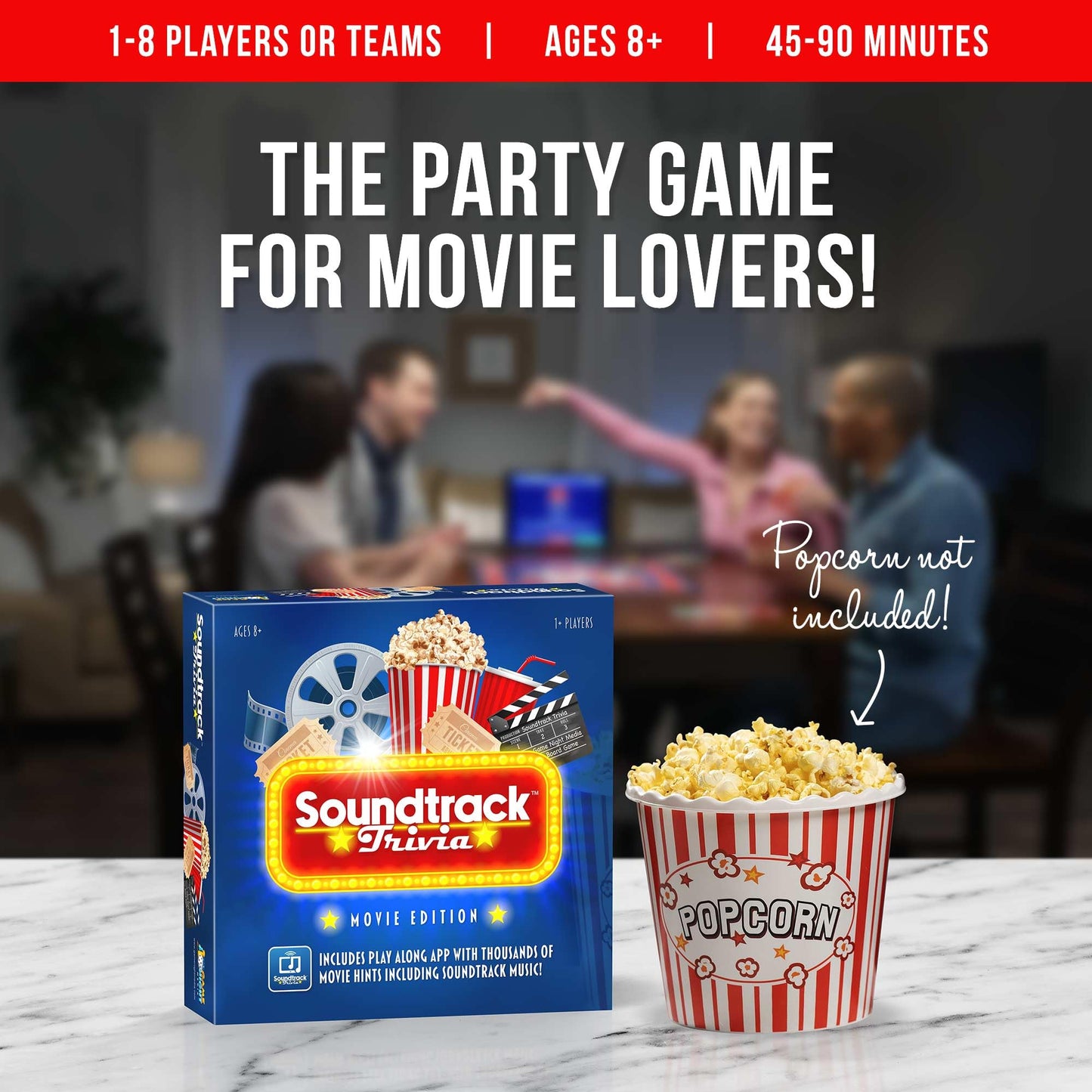 GAME NIGHT MEDIA Soundtrack Trivia Movie Game with Bluetooth Speaker, Hand Painted Pieces, 10.5"x10.5", Multi-color, Ages 8+