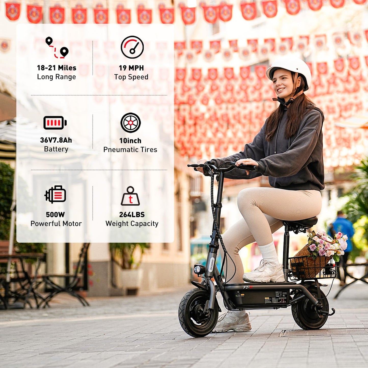 Iscooter F2M Electric Scooter With Seat, 19 Mph Top Speed & 18-21 Miles Range, 500W Powerful Motor, 10'' Pneumatic Tire Scooter