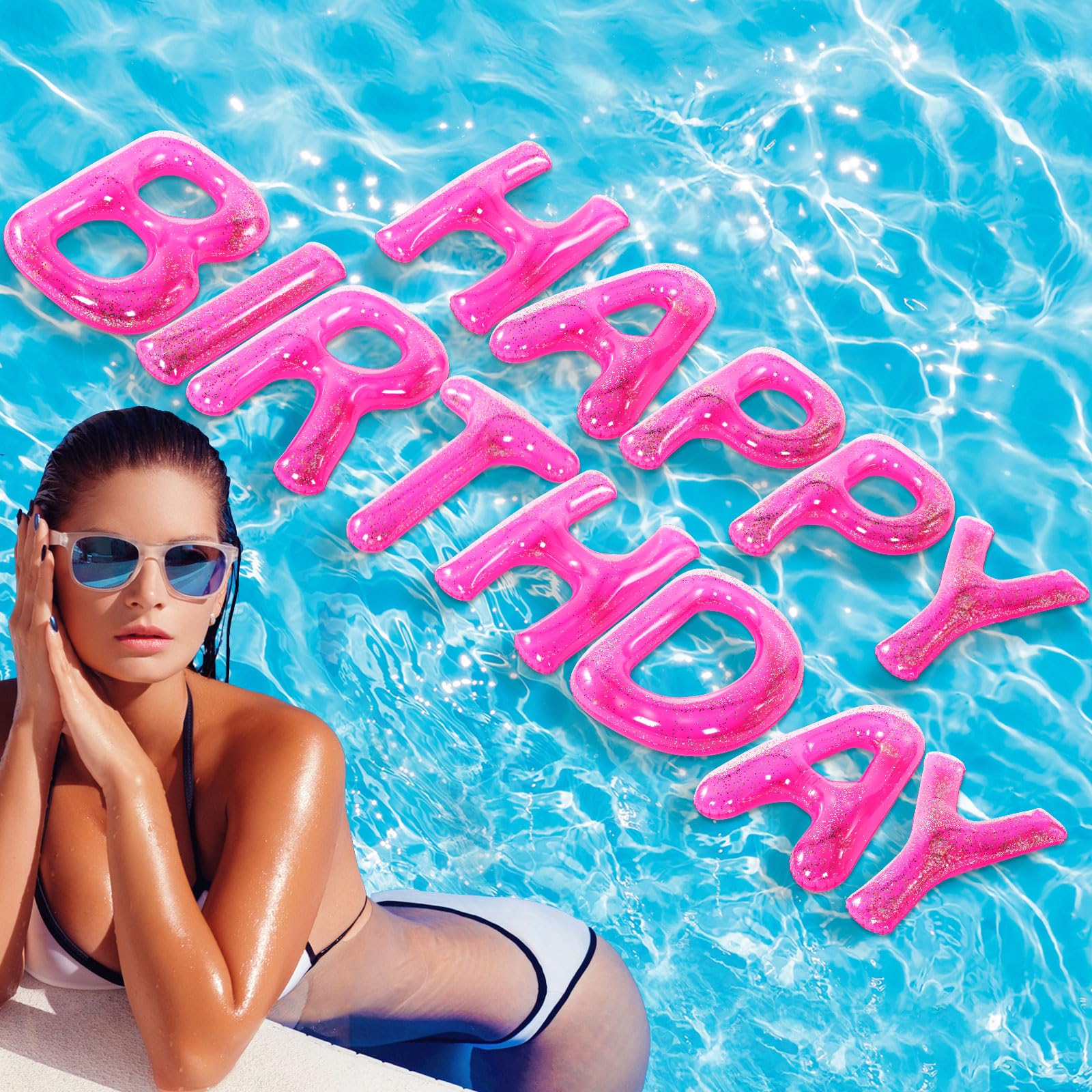 Shappy Hot Pink Happy Birthday Pool Large Floating Letter Balloons with Adhesive Dots Inflatable Pool Decorations for Summer Bir