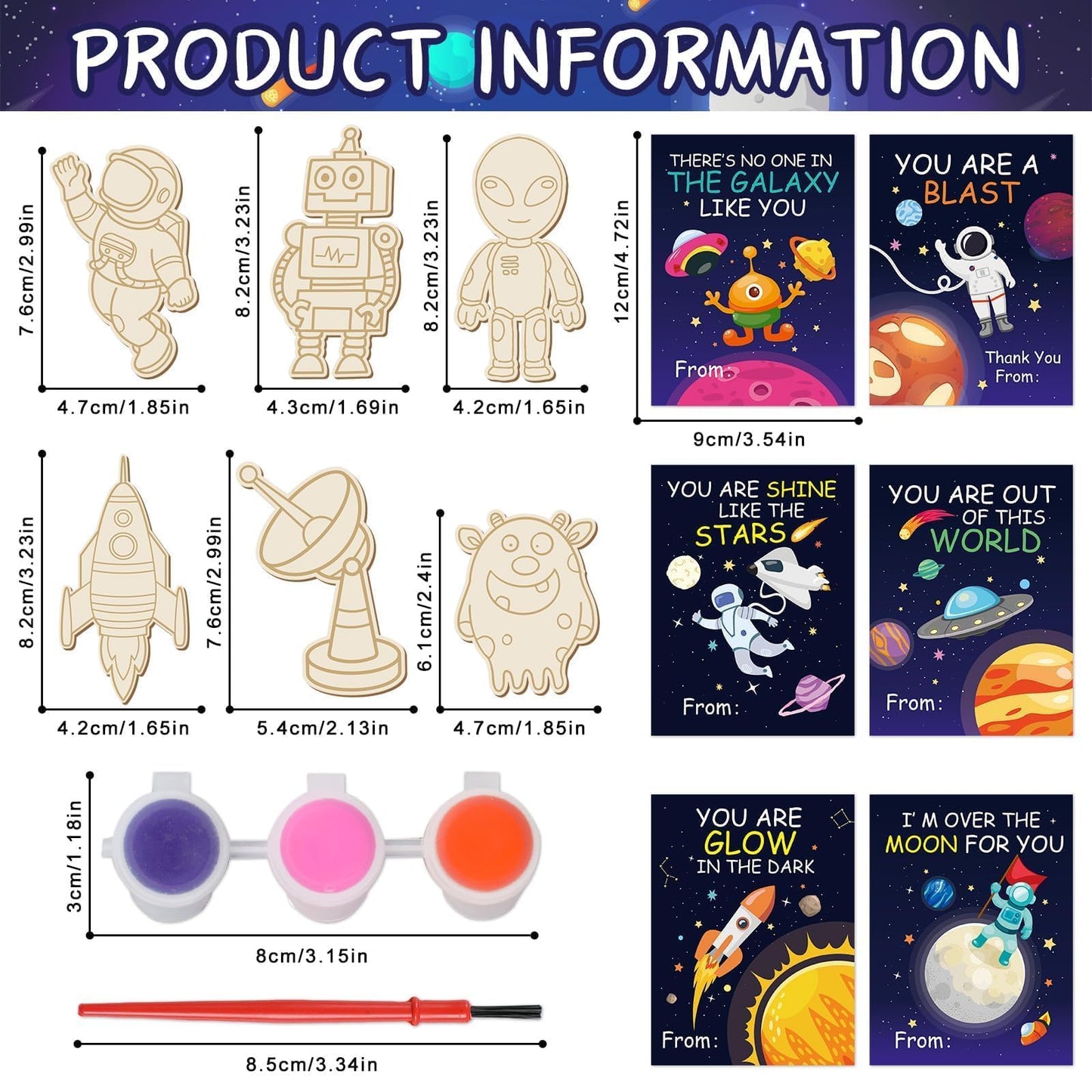 36Pcs Space Party Favors Space Cards with Art Supplies Outer Space DIY Wood Painting Craft Kits Astronaut Thank You for Coming G