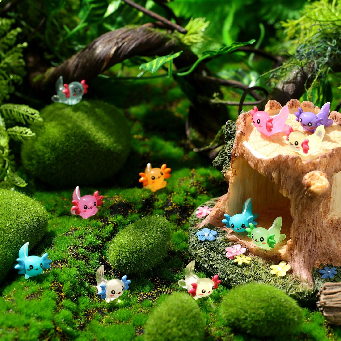Sonwyoung Mini Axolotl Figures - 49 Pcs, 14 Colors, Glow in the Dark Resin Charms for DIY Garden Dollhouse Decoration