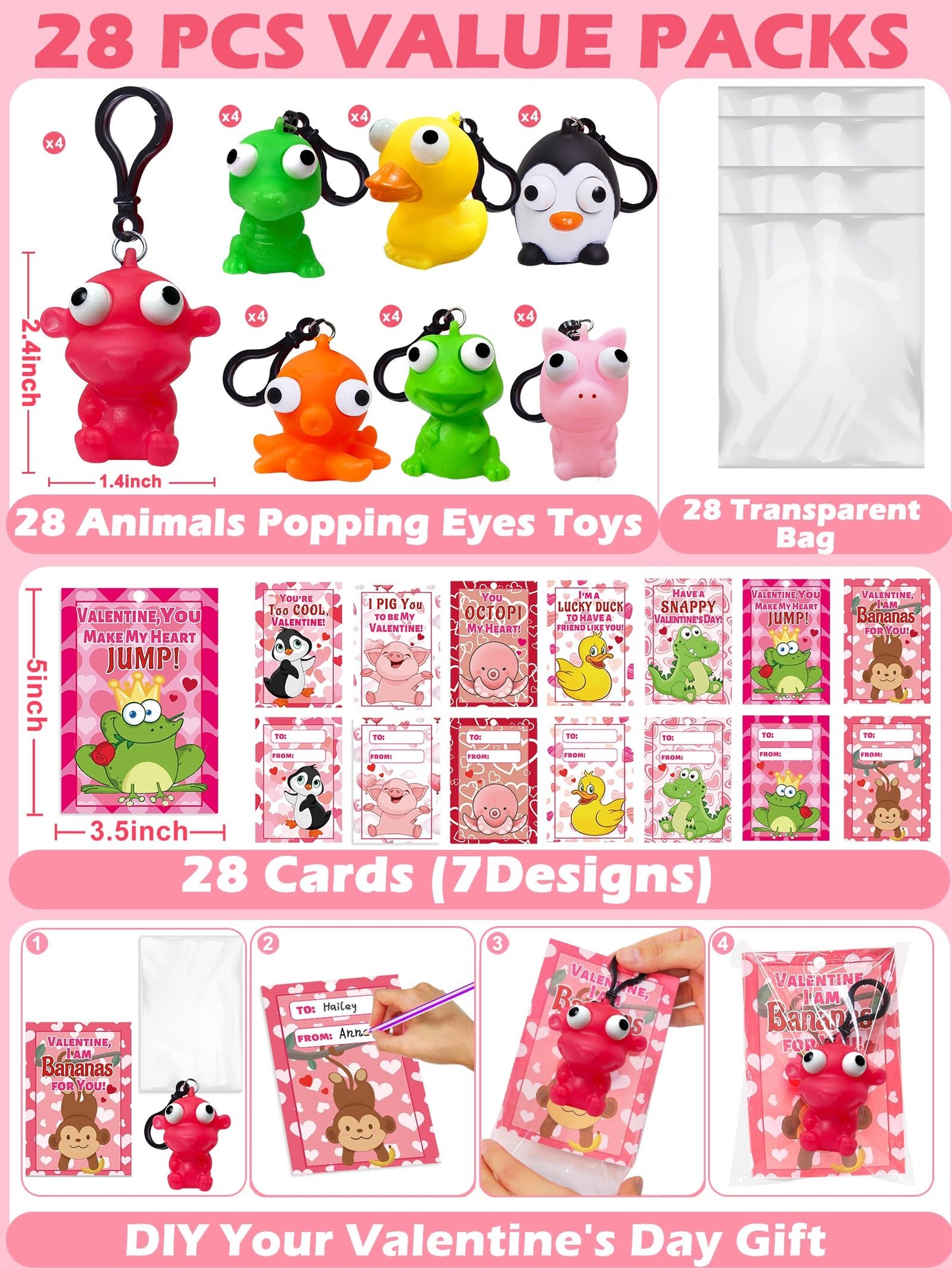 Valentines Day Gifts for Kids 28 Pack Valentines Cards with Squeeze Animals with Popping Eyes Keychains Bulk, Sensory Fidget Toy