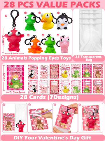 Valentines Day Gifts for Kids 28 Pack Valentines Cards with Squeeze Animals with Popping Eyes Keychains Bulk, Sensory Fidget Toy