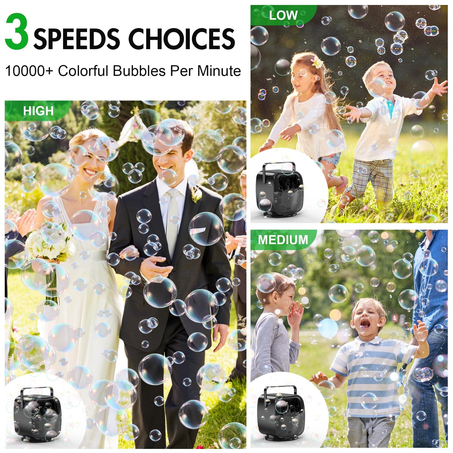 KIDWILL Rechargeable Bubble Machine, Automatic Bubble Blower - 5,000mAh Power, 90/180/360 Auto Rotation, 3 Speeds - Bubble Maker