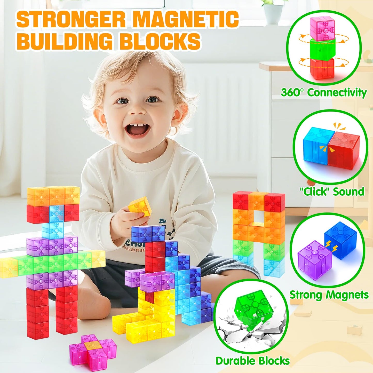 Feoxialy Magnetic Blocks - 52Pcs Translucent Magnetic Cubes, Digit Building Blocks Magnet Toys For Kids, Rainbow Stem Creativity Toys 3+ Year Old Boys & Girls Toddlers Kids Christmas Birthday Gifts