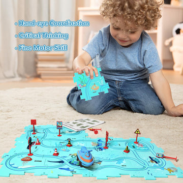Xazastov Puzzle Track Car Play Set, Plastic Puzzles For Kids Ages 3-5 With Vehicles, Electric Trolley Puzzle, Car Tracks For Tod