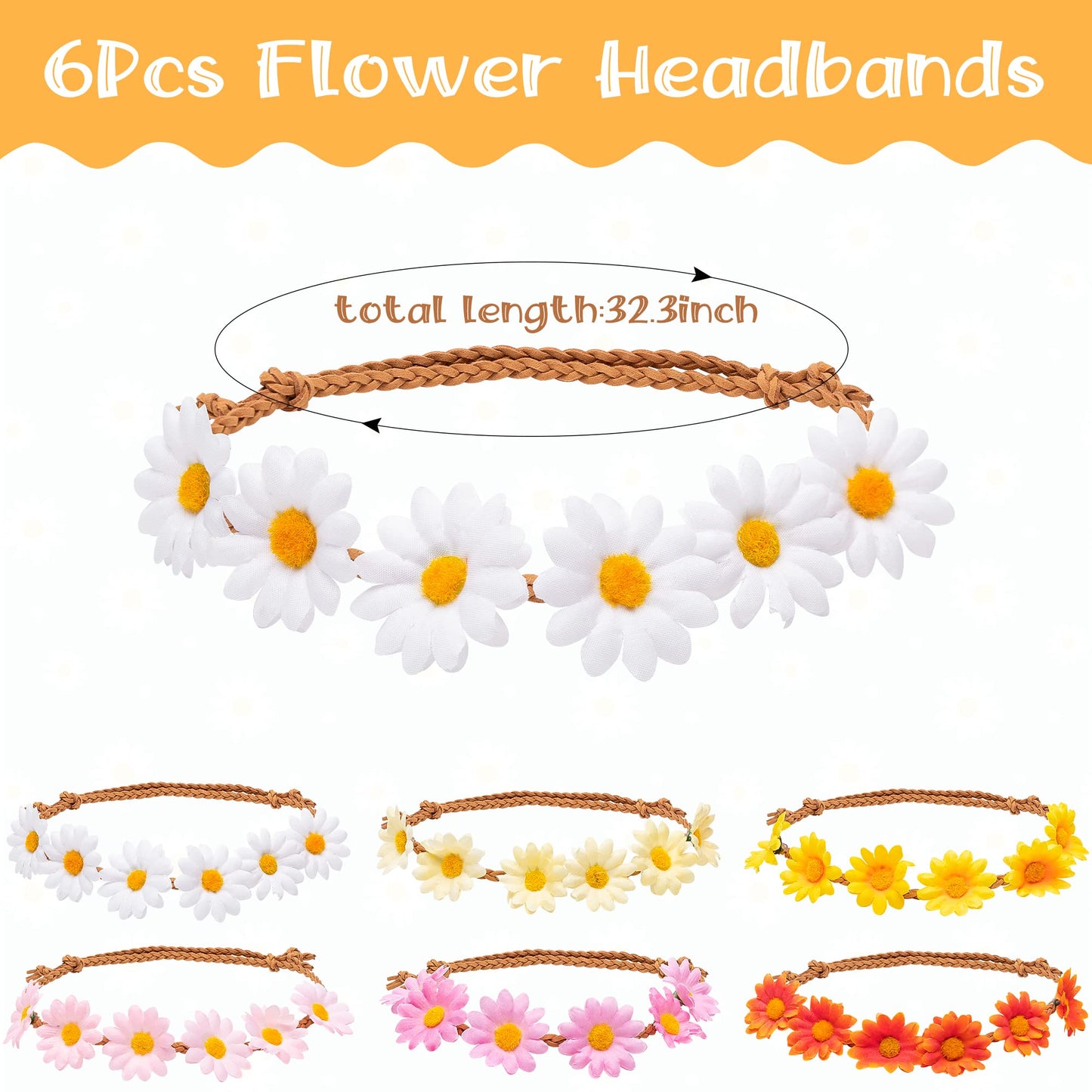 A1Diee 12Pcs Groovy Retro Flower Sunglasses Headbands Party Favors Boho Hippie Round Flower Polarized Eyewear Multicolor Daisy Flower Crown Costume Accessories Set 60S Festival Party Gifts For Kids