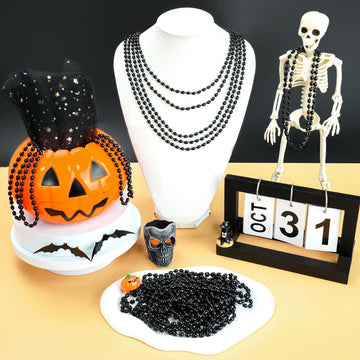 100 PCS Black Bead Necklace, Halloween Black Bead Necklaces, Mardi Gras Oval Beads, 30.5'' Metallic Beaded Party Necklaces for H