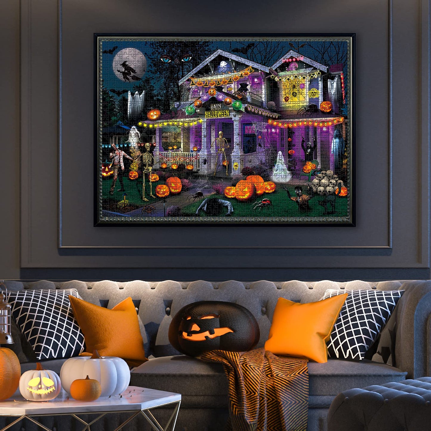 Badus Jigsaw Puzzles For Adults 1000 Pieces - 27.5'' X 20'' Fall Halloween Horror Haunted Mansion House,Pumpkin,Skeleton,Ghost G