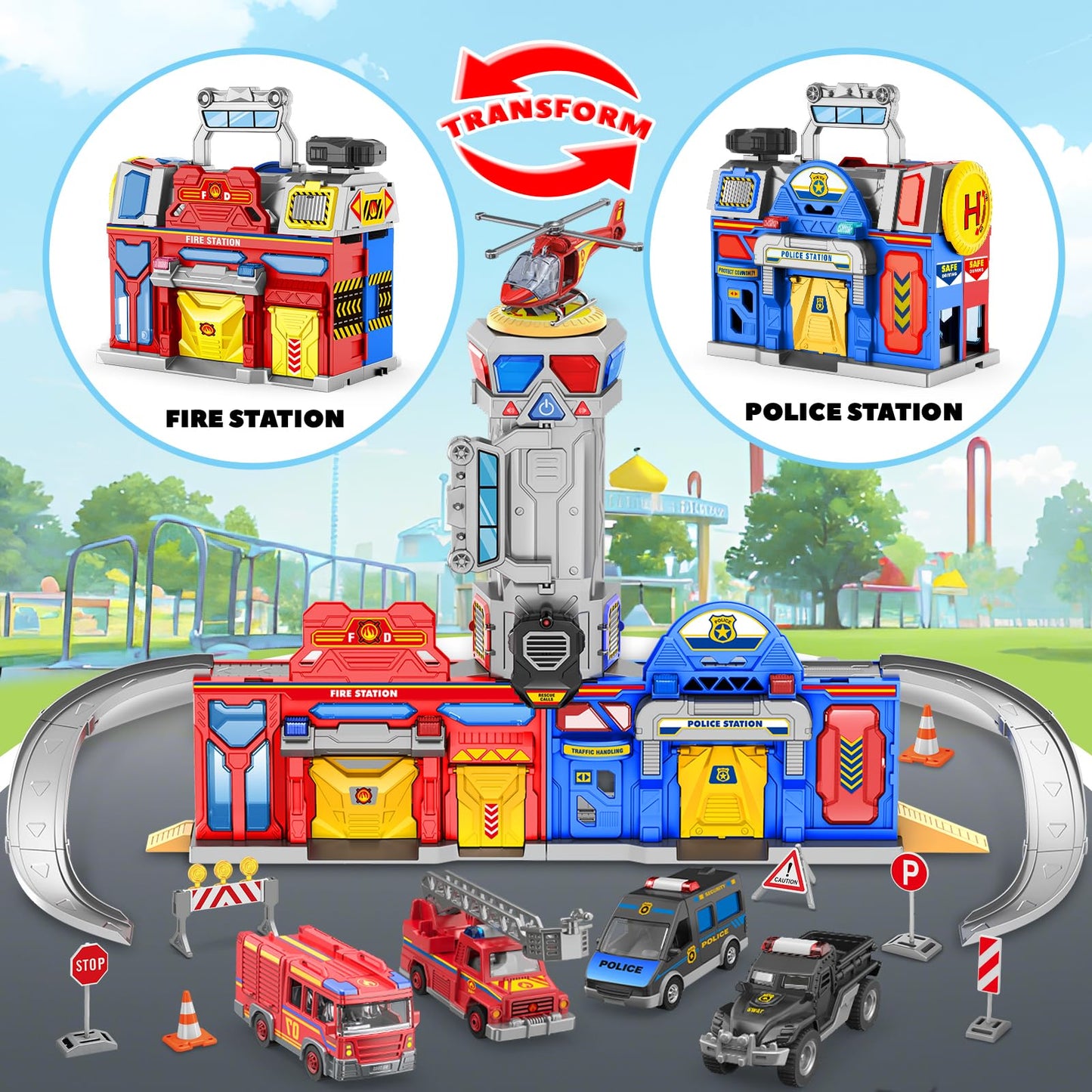 Kids Toys For 3 4 5 6 Years Old Boys, 29.5'' Large City Action Toddler Playset With Lights Sounds, Police & Fire Station Transform Track Toy With 4 Cars, Helicopter, Walkie-Talkie, Gifts For Boy Girl