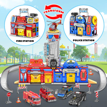 Kids Toys For 3 4 5 6 Years Old Boys, 29.5'' Large City Action Toddler Playset With Lights Sounds, Police & Fire Station Transform Track Toy With 4 Cars, Helicopter, Walkie-Talkie, Gifts For Boy Girl