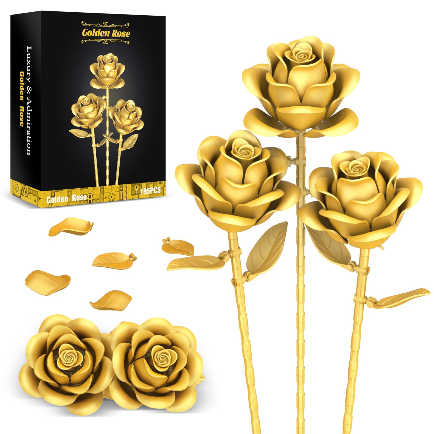 QIFUN Gold Roses Flower Building Set - 3 Roses Bouquet Botanical Building Blocks for mature-themed  Home Decor Romantic Anniversary Valentine's Day Gift for Her  Wife  Girlfriend  Mom