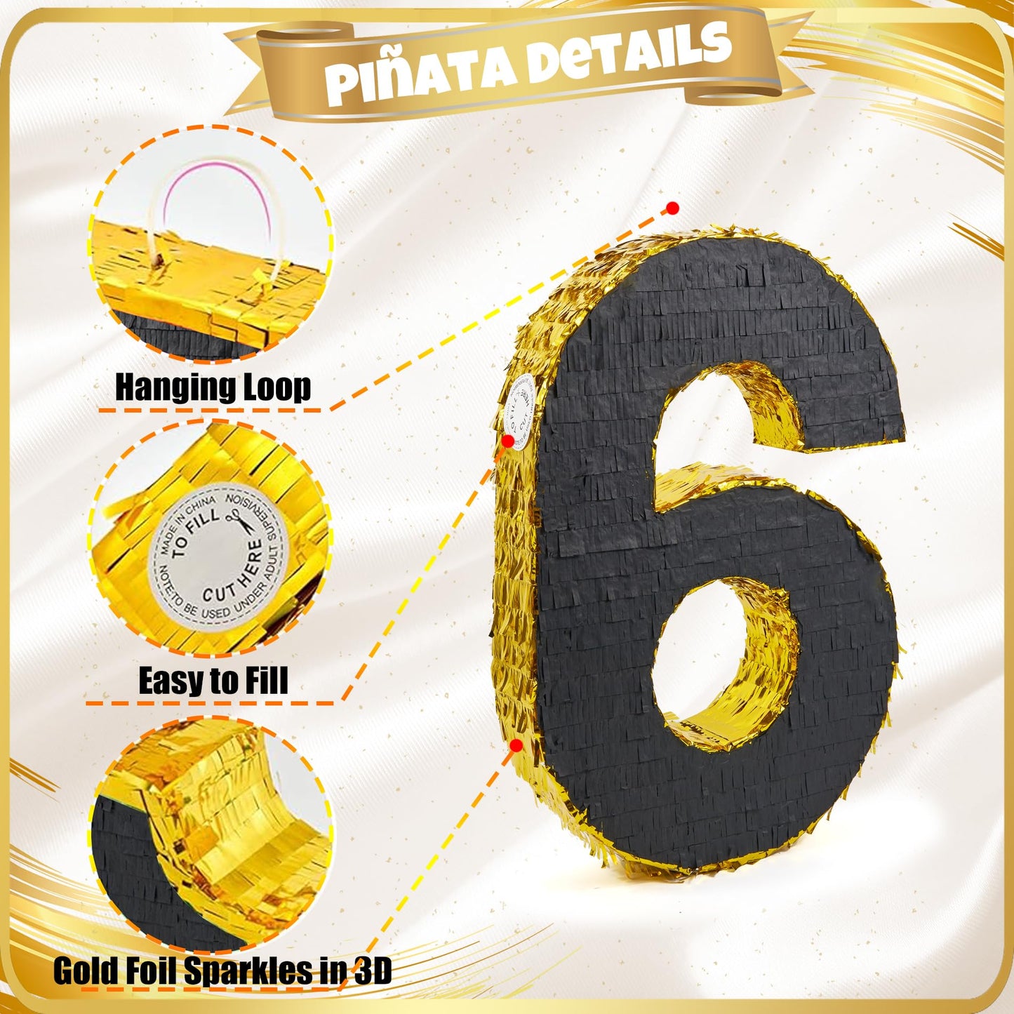 PCFING 20 Inch Number 6 Piata Gold Black with 30 Inch Piata Stick Blindfold Confetti for Man Women Kids Birthday Party Decoratio