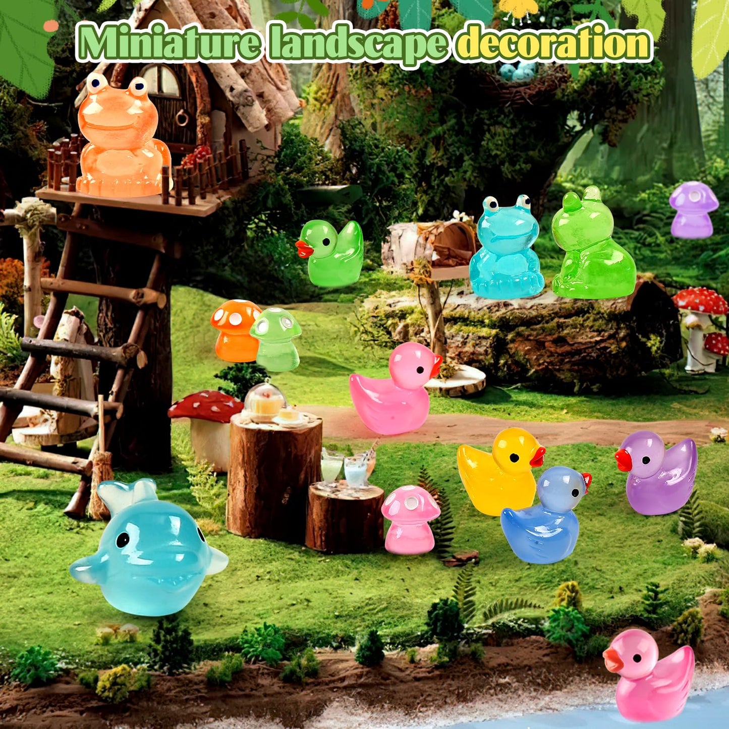 120 Pcs Luminous Mini Resin Ducks Glow in The Dark Animals Duck Frog Dolphin Mushroom 4 Combination Sets for Garden Miniature Fi