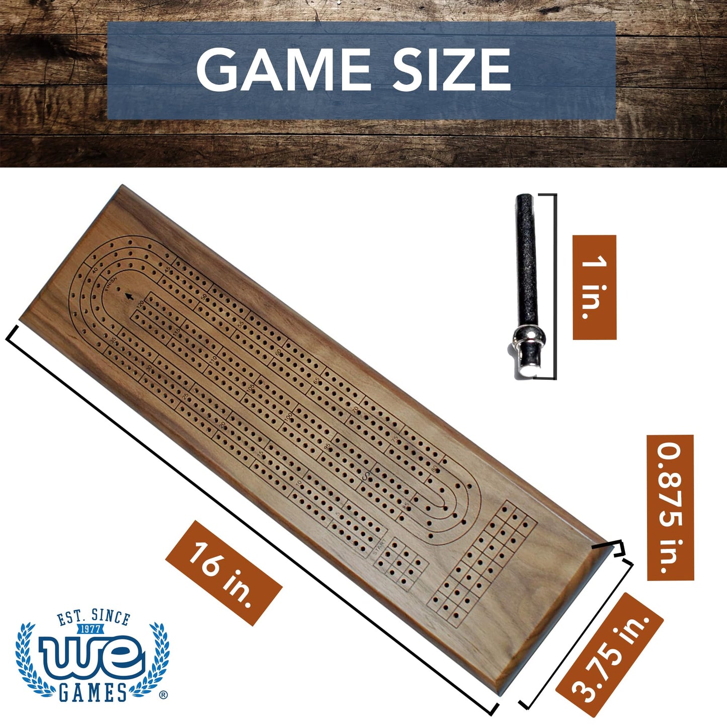 WE Games Cribbage Board Set, 16" Solid Walnut Wood, 3 Track with Metal Pegs, Brown, Model 301213