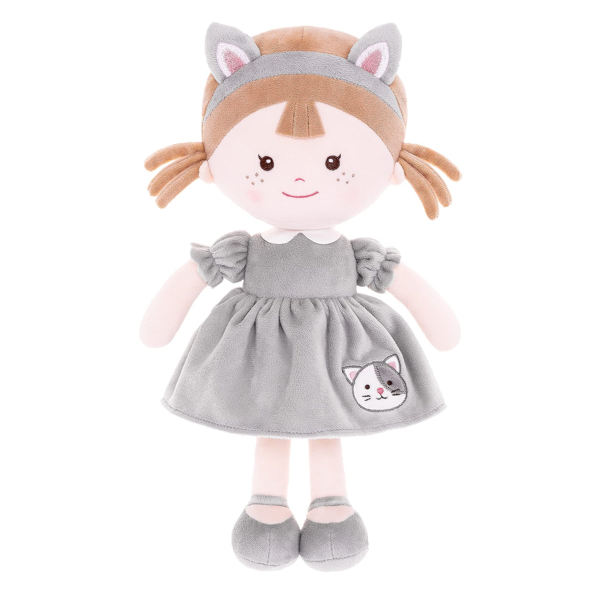 Onetoo Baby Doll First Baby Doll Soft Baby Doll For Girls Plush Rag Doll Wear Kitty Costume Gray Dress 14''