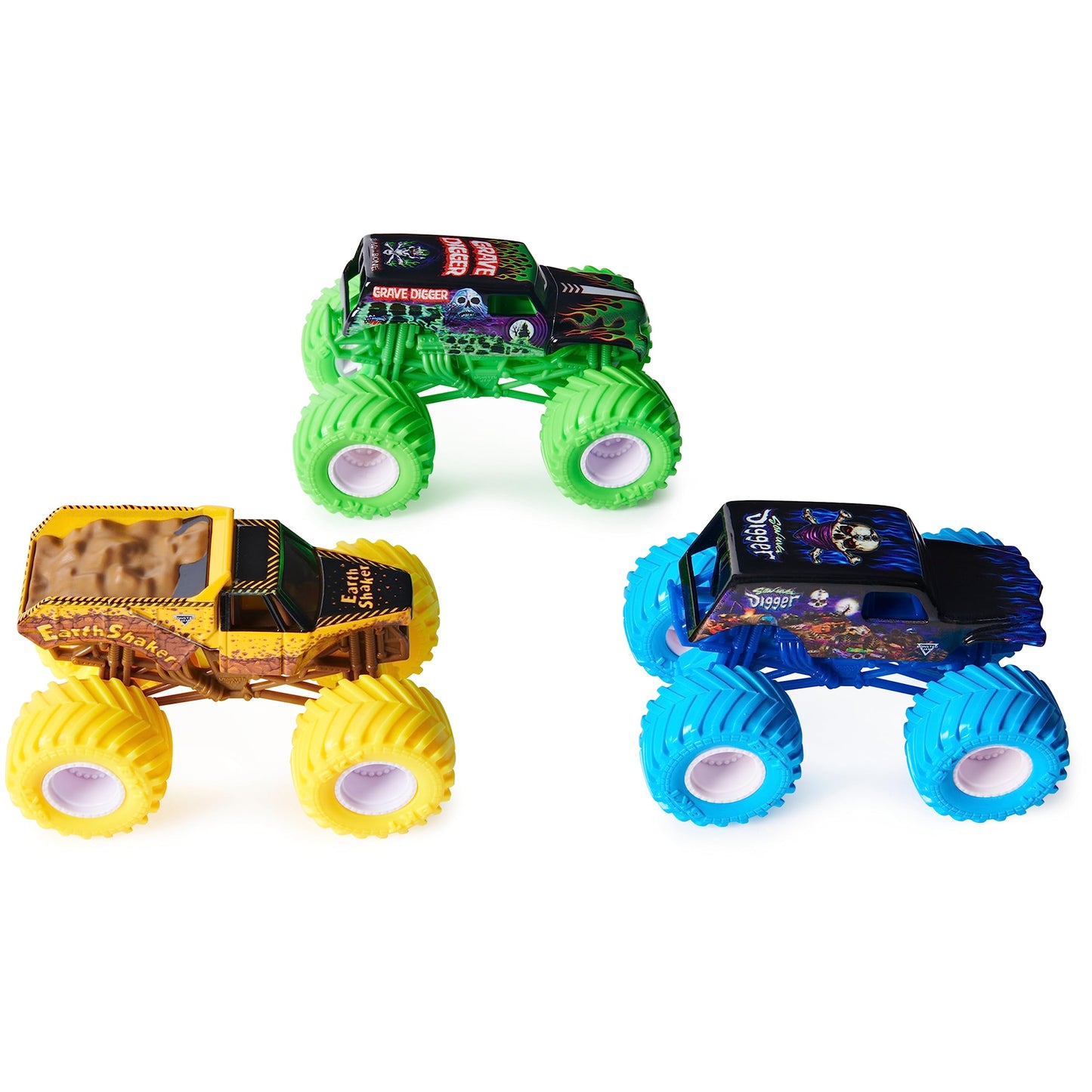 Monster Jam Charged Crushers 3-Pack - 1:64 Scale, Plastic, Grave Digger, Son-Uva Digger, Earth Shaker, Model 6053858