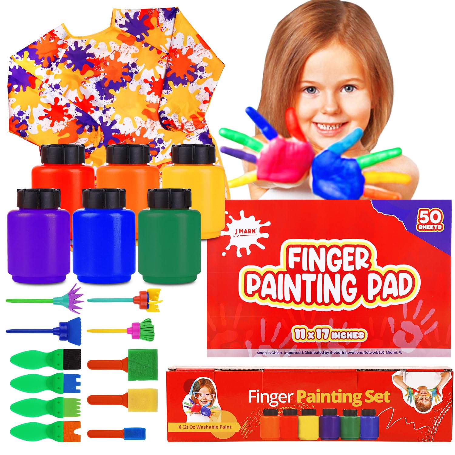 J MARK Complete Toddler Washable Finger Paint Set, Sponge Painting Tools, Large Finger Paint Pad, Tempera Finger Paints, Smock a
