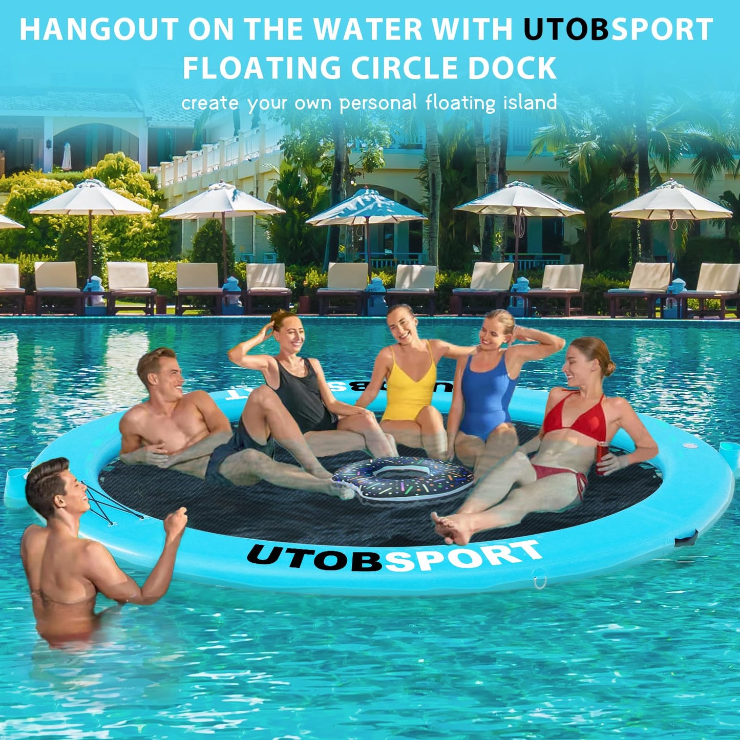 Utobsport Inflatable Water Hammock Floating Dock 8X8 Ft Water Floating Island Raft For Lake Boat Pool Ocean | Adults Kids Dogs,