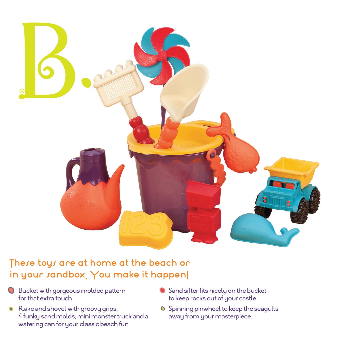 B. toys - B. Ready Beach Bag -Water Play- Beach Tote with Mesh Panel and 11 Funky Sand Toys - 18 m+, Purple Bucket