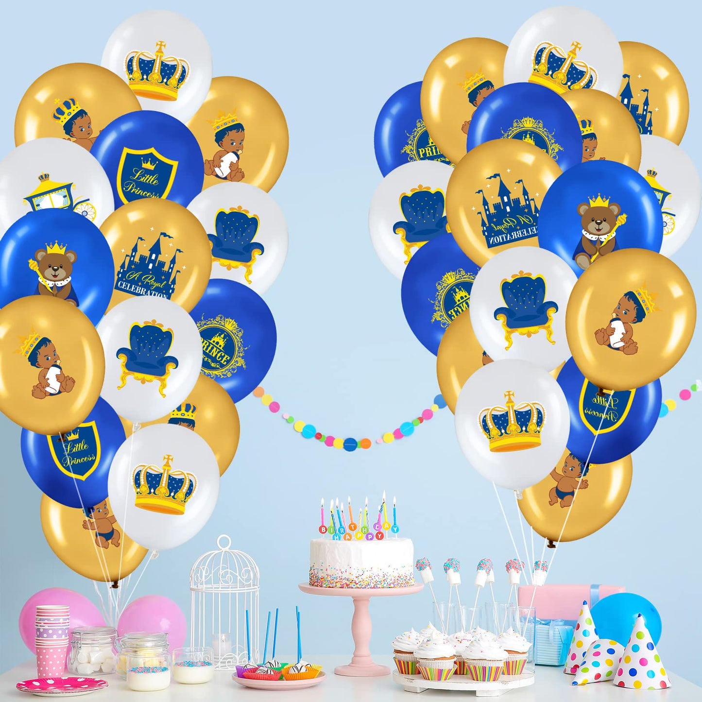 45 Pcs Royal Prince Balloons Blue and Gold Castle Crown Latex Balloon 12 Inches Prince Birthday Party Balloons Royal Blue Gold W