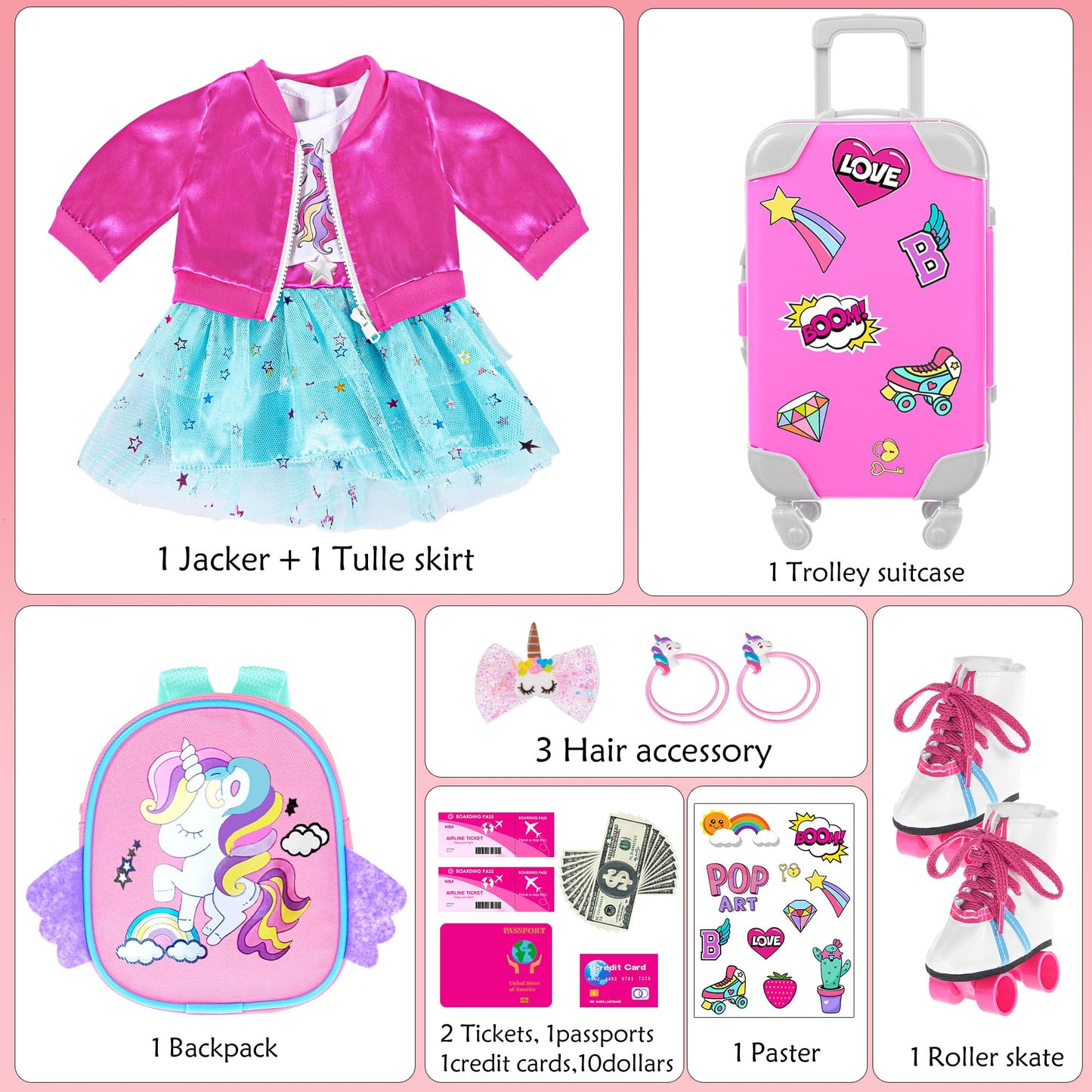 18 Inch Doll Clothes And Doll Accessories Case Luggage Travel Play Set Include Suitcase, Jacket, Dresses, Backbag, Roller Shoes, Hairband, Sticker Etc (No Doll)