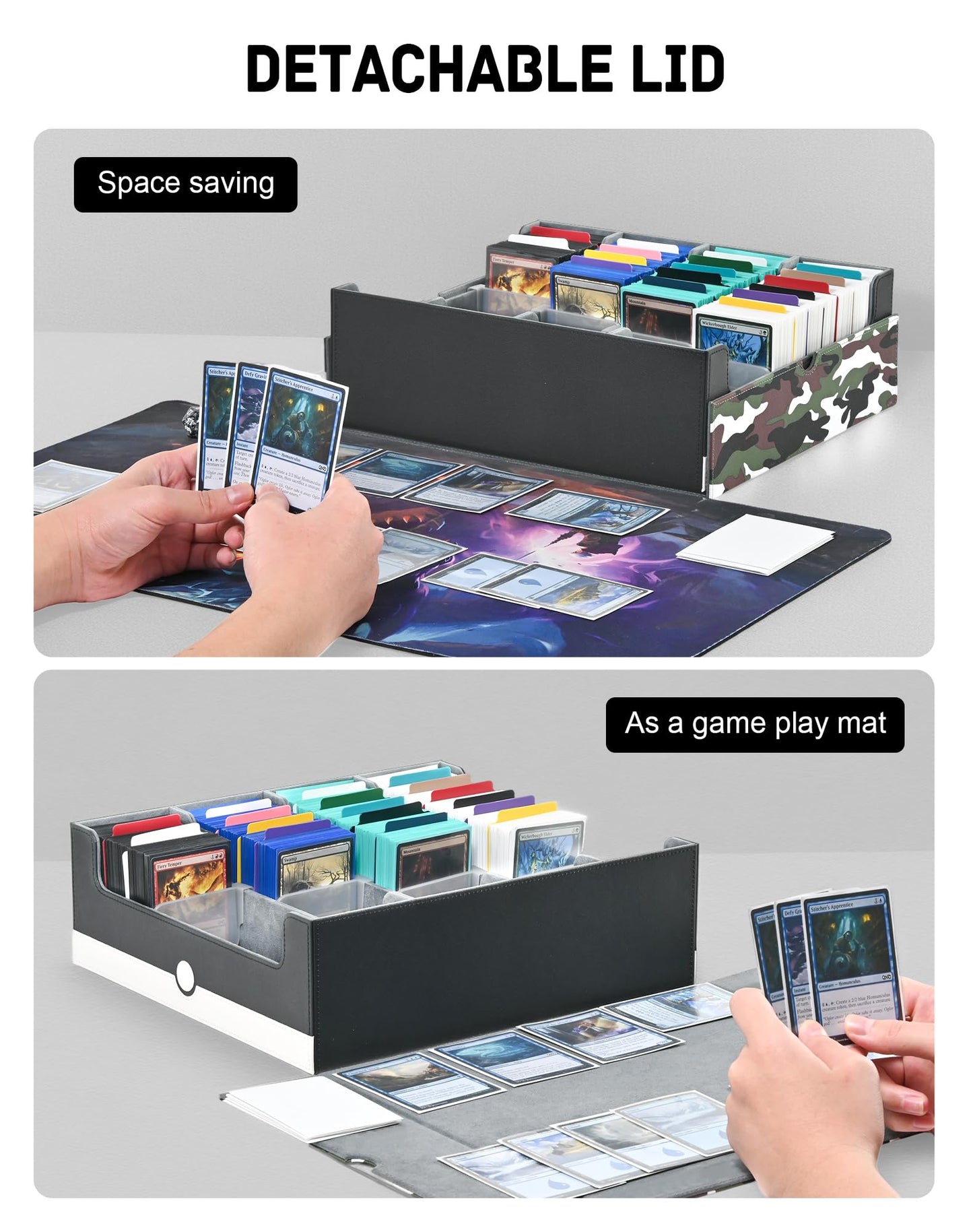 ZLCA Card Storage Box for MTG PTCG, Commander Deck Box Holds 3000+, Deck Storage Case with 4 Stoppers(Camouflage& White)