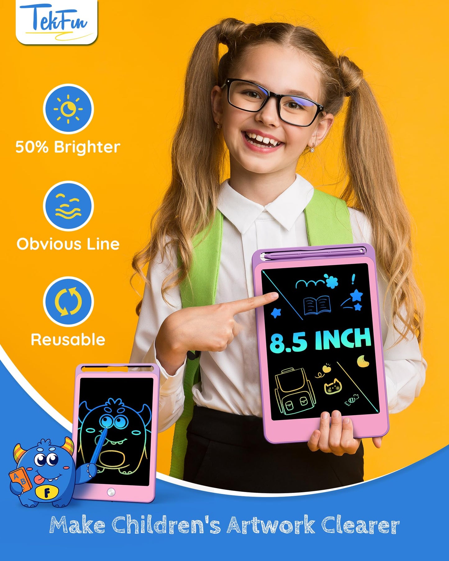 Tekfun 3 Pack Lcd Writing Tablet For Kids, 8.5 Inch Blue+Pink+Purple Doodle Board Drawing Board Reusable Drawing Tablet With Lan
