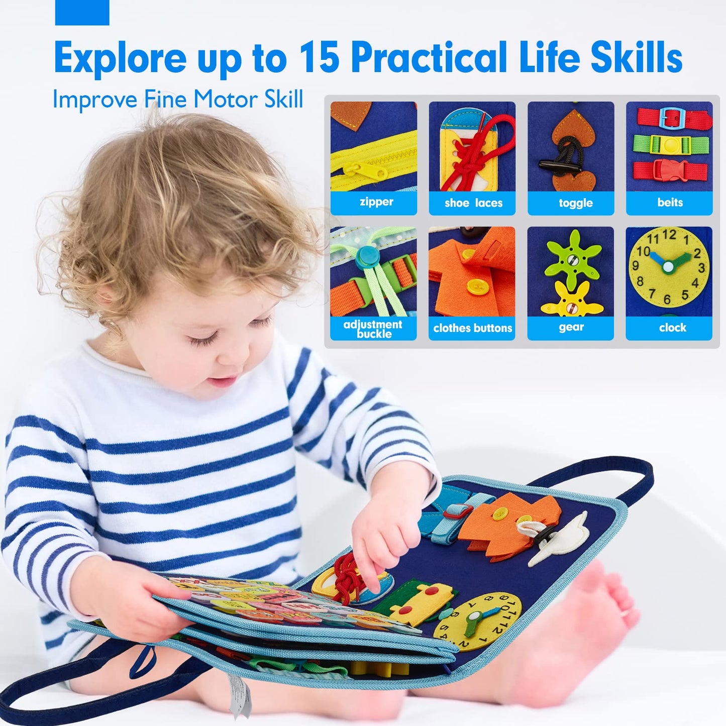 hahaland Busy Board - Montessori Learning Activities for Toddlers 2-4, Medium Size, Blue, Model CF-TBB01