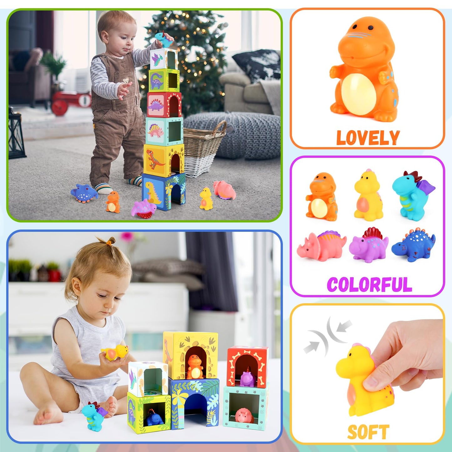 KMTJT Dinosaur Sorting and Stacking Toys for Toddlers, Montessori Learning Blocks, Multicolor, Ideal for 1-3 Year Olds