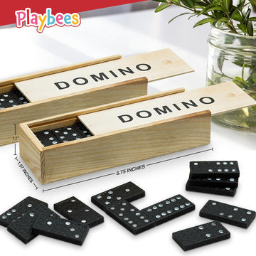 Playbees Mini Wooden Dominoes Set - 12 Pack - Classic Double Six Domino Game In A Wooden Case - Educational Board Games & Activi